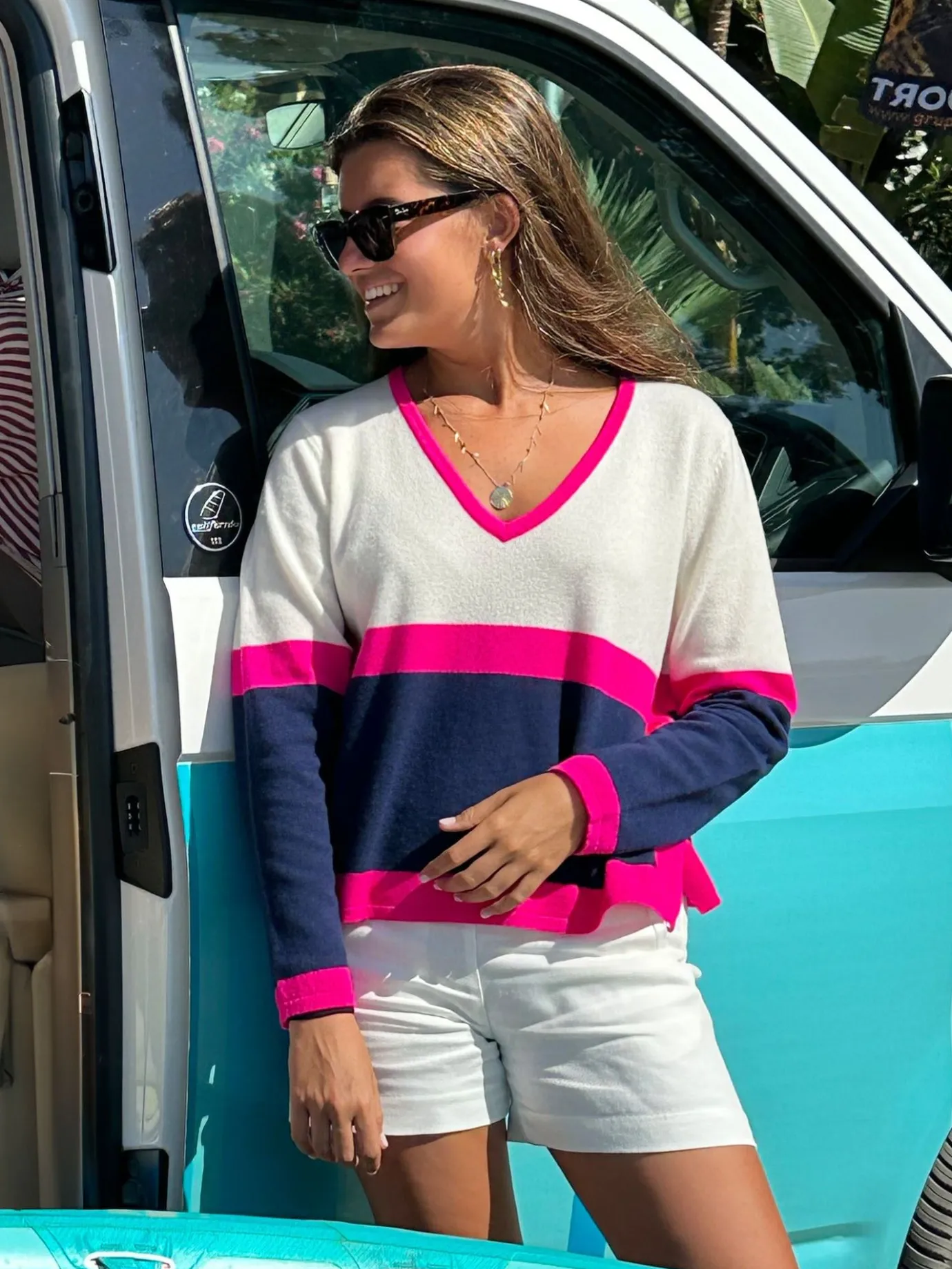 Women Vilagallo Knitwear*Knitwear Sweater Colour Block Ecru&Navy&Pink